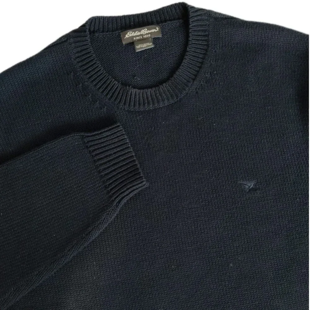 Eddie Bauer Mens XL Sweater Navy 100% Cotton Crew Neck Knit Pullover Preppy